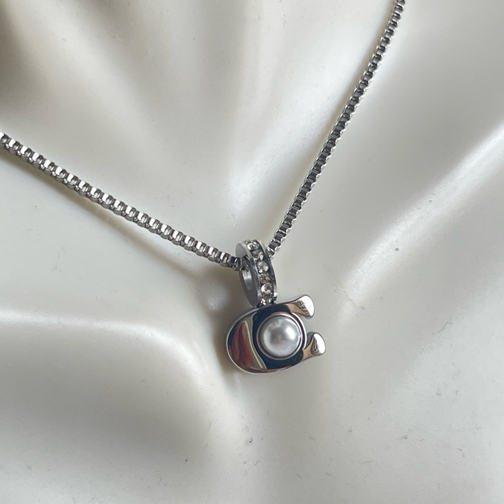 Coach Silver-Tone Necklace with Pearl Pendant and Hoop Earrings - Picture 5 of 7